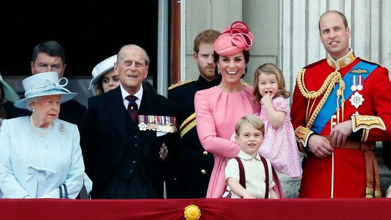 Prince Philip, Duchess of Cambridge, Prince William and their children Prince George and Princess Charlotte in 2017. Pic: AP