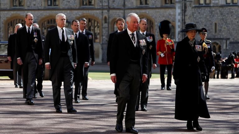 Prince Charles of Great Britain walks behind the hearse on the grounds of Windsor Castle during the funeral of Prince Philip of Great Britain, husband of Queen Elizabeth, who died at the age of 99, in Windsor, Great Britain Brittany, April 17.  2021. Alastair Grant / Pool via REUTERS