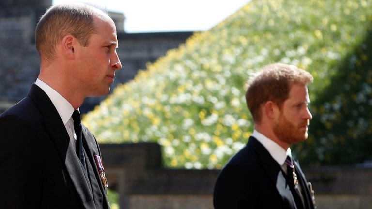 Prince William of Great Britain, Duke of Cambridge and Prince Harry, Duke of Sussex walk behind the hearse on the grounds of Windsor Castle during the funeral of Prince Philip of Great Britain, husband of Queen Elizabeth, who died there age of 99, in Windsor, Great Britain, April 17, 2021. Alastair Grant / Pool via REUTERS