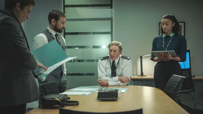 Kate Fleming, Steve Arnott, Ted Hastings and Chloe Bishop in Line Of Duty.  Pic: BBC / World Productions / Steffan Hill
