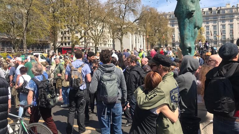 Protesters were seen marching through London