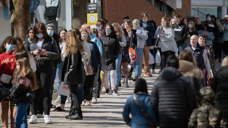 Buyers line up outside Primark in Norwich as England take another step back to normal with further easing of lockdown restrictions.  Photo date: Monday, April 12, 2021.