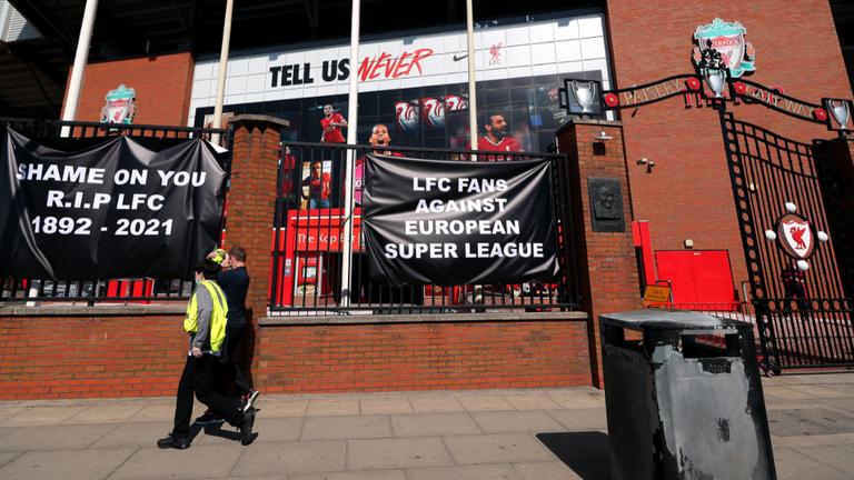 Banners outside Liverpool's Anfield grounds show their opposition to Super League plans