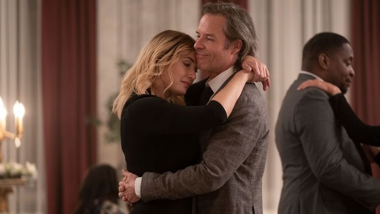 Kate Winslet and Guy Pearce play Mare Of Easttown.  Pic: Sky UK / HBO