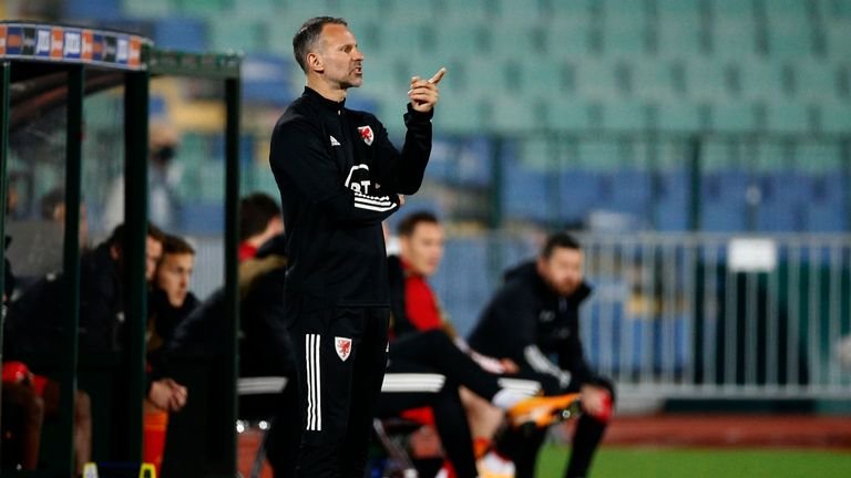 Wales'  Coach Ryan Giggs reacts during the UEFA Nations League soccer match between Bulgaria and Wales at the Vassil Levski National Stadium in Sofia, Bulgaria on Wednesday, October 14, 2020 (AP Photo / Anton Uzunov)