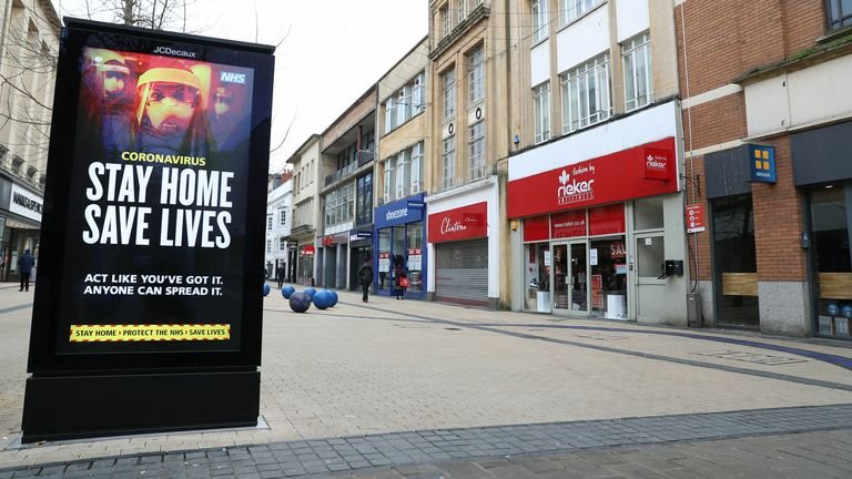 A 'Stay Home, Save Lives' sign on Broadmead in Bristol during England's third national lockdown to curb the spread of the coronavirus.  (Andrew Matthews / PA)