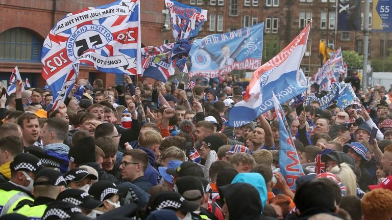 Police and Ranger fans outside Ibrox ahead of the game
