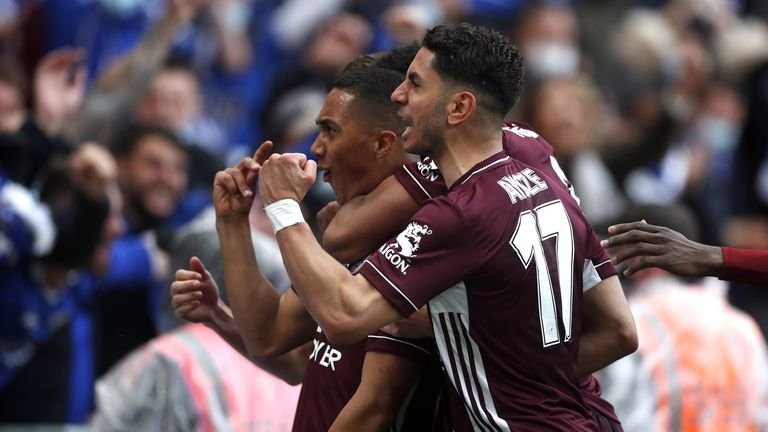 Leicester City's Yuri Tielemans (left) celebrates his first goal of the match with his teammates during the Emirates FA Cup Final at Wembley Stadium, London.  Photo date: Saturday, May 15, 2021.