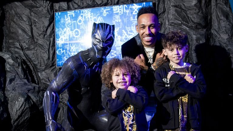 Pierre-Emerick Aubameyang, with his sons Pierre and Curtys, unveils the new Black Panther wax figure at Madame Tussauds in central London.  Photo date: Thursday, May 13, 2021.