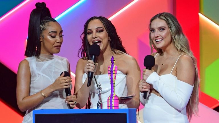 Little Mix accepts the award for Best British Group at the 2021 Brit Awards at the O2 Arena in London.  Photo date: Tuesday, May 11, 2021.