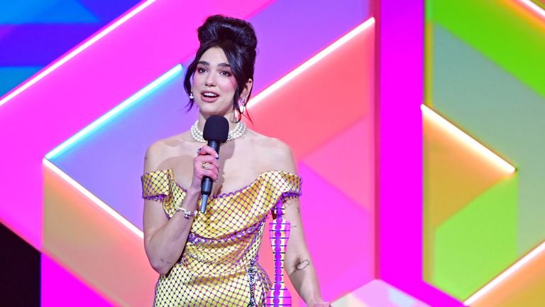 Dua Lipa accepts the Female Solo Artist Award at the 2021 Brit Awards at the O2 Arena in London.  Photo date: Tuesday, May 11, 2021.