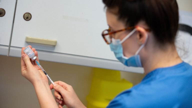 A nurse is preparing the Moderna Covid-19 vaccine at West Wales General Hospital in Carmarthen, the third vaccine to be approved for use in the UK, to be given to patients in Wales from Wednesday.  Photo date: Wednesday, April 7, 2021.