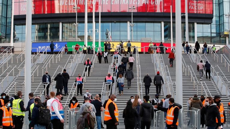General view outside the stadium ahead of the game as thousands of fans return to Wembley for the FA Cup semi-final as part of the trial of the coronavirus events 