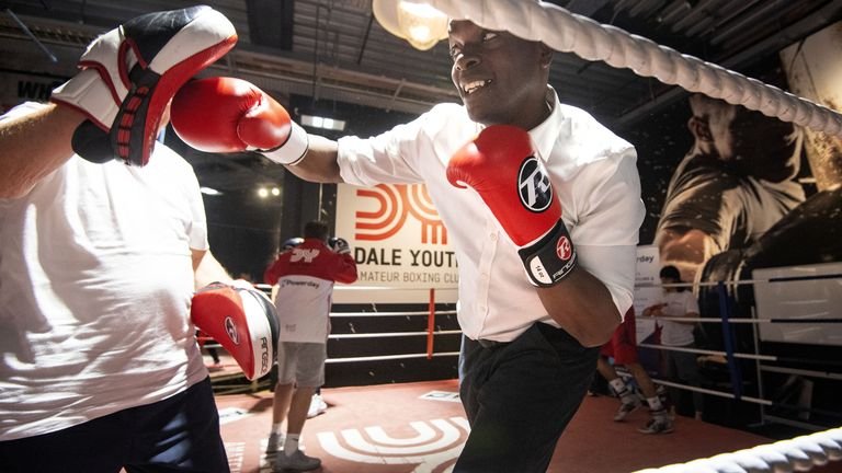 Tory candidate for London mayor Shaun Bailey in the ring during a visit to Dale Youth boxing club in west London