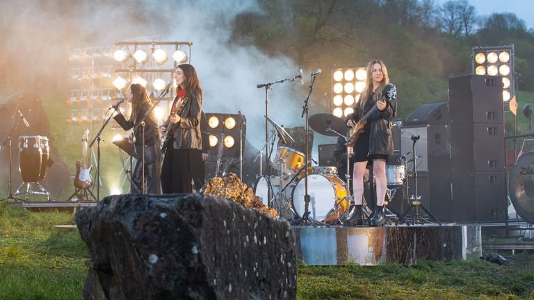 Undated photo released by Glastonbury presents Live at Worthy Farm of Haim during the event broadcast live at Worthy Farm.  Issue date: Saturday May 22, 2021.