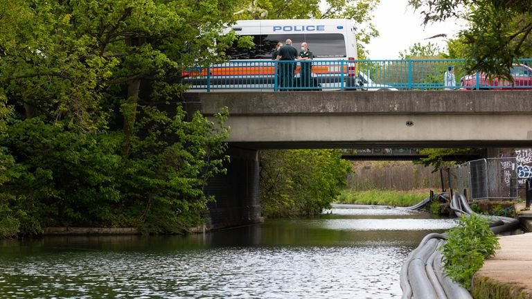 Emergency services activity on the Grand Union Canal near Old Oak Lane.  The body of a newborn baby was found in the Grand Union Canal near Old Oak Lane in north-west London, Metropolitan Police said.  Photo date: Sunday, May 9, 2021.