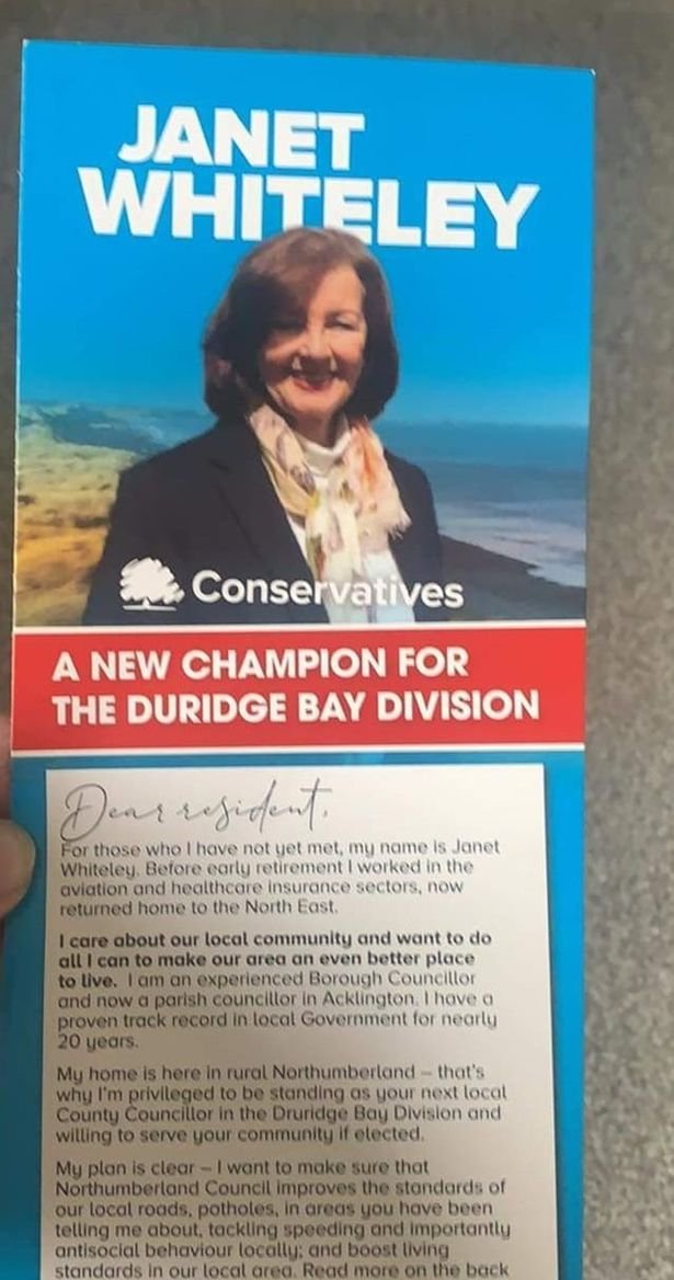Druridge Bay Conservative candidate Janet Whiteley misspelled the riding in which she stands