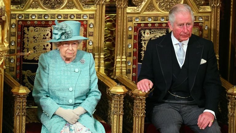File photo dated 19/12/2019 of Queen Elizabeth II and The Prince of Wales seated in the Chamber before the Queen's official opening of Parliament, in the House of Lords at the Palace of Westminster in London.  The Queen must fulfill her first major public ceremonial duty since the death of the Duke of Edinburgh when she attends a Covid-Secure opening of parliament on Tuesday.