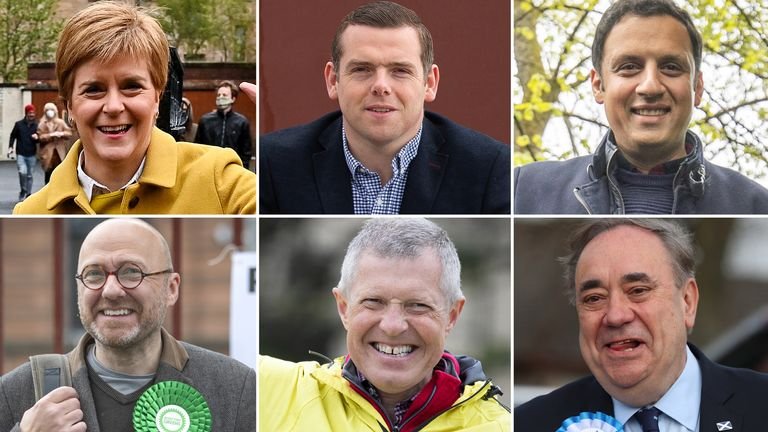 (clockwise from top left corner) Nicola Sturgeon, Douglas Ross, Anas Sarwar, Patrick Harvie, Willie Rennie and Alex Salmond