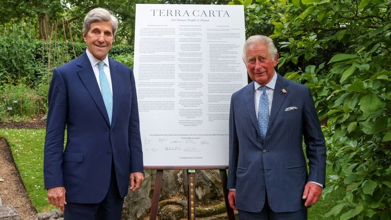 United States Climate Envoy John Kerry poses with Prince Charles at St James's Palace
