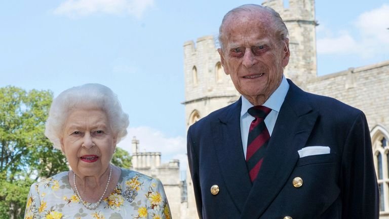 UNDER EMBARGO: Do not post or transmit before 10:00 PM BST on Tuesday, June 9, 2020. Queen Elizabeth II and The Duke of Edinburgh pictured 1/6/2020 in the Quadrangle of Windsor Castle before her 99th birthday on Wednesday.  Photo by the AP.  Issue date: Tuesday, June 9, 2020. The Queen wears an Angela Kelly dress with the Cullinan V diamond brooch. The Duke wears a Household Division tie.  See PA ROYAL Philip's story.  Photo credit should read: Steve Parsons / PA Wire