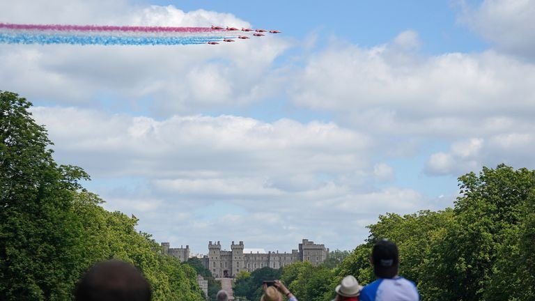 A flyover over Windsor Castle by the Red Arrows for the Queen's official birthday