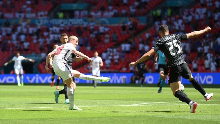 Euro 2020 - Group D - England v Croatia - Wembley Stadium, London, Great Britain - June 13, 2021 Englishman Phil Foden shoots on goal and hits the post via REUTERS / Laurence Griffiths