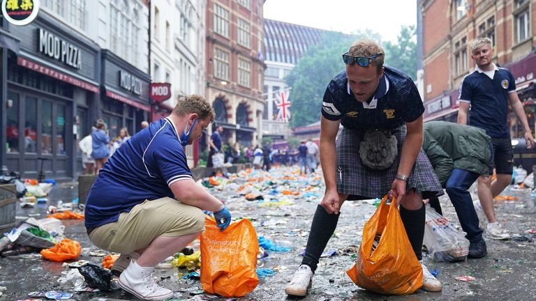 Scottish supporters gather in Leicester Square ahead of the UEFA Euro 2020 match between England and Scotland later this evening.  Picture date: Friday June 18, 2021.