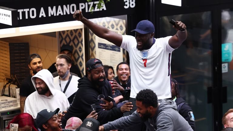 Stormzy, who was watching from Box Park in Wembley, celebrates England's win over Germany