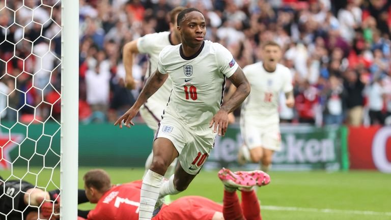 Soccer Football - Euro 2020 - Round of 16 - England v Germany - Wembley Stadium, London, Great Britain - June 29, 2021 Englishman Raheem Sterling celebrates scoring his first goal in the pool via REUTERS / Catherine Ivill
