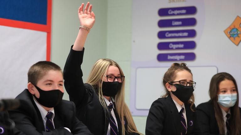 Children wearing face masks during a class at Outwood Academy in Woodlands, Doncaster in Yorkshire, as English pupils return to school