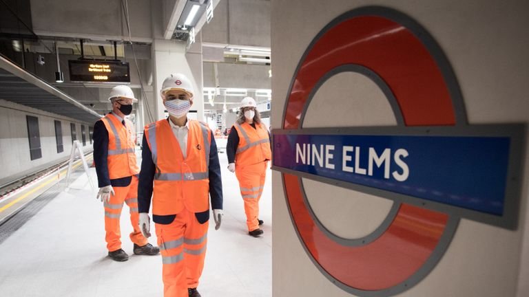 London Mayor Sadiq Khan visits Nine Elms station on the north line extension to see the ticket office and platforms as work is completed in south London on the new underground line due to open in the fall of this year.  Photo date: Friday, May 21, 2021.