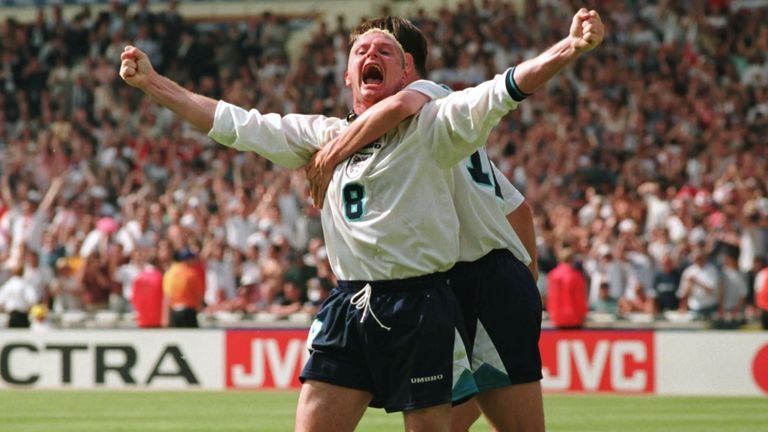 Paul Gascoigne celebrates after scoring his famous goal against Scotland at Euro 96