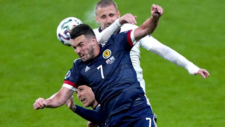John McGinn's Scotland (front) and Luke Shaw's England fight for the ball in the UEFA Euro 2020 Group D match at Wembley Stadium, London.  Picture date: Friday June 18, 2021.