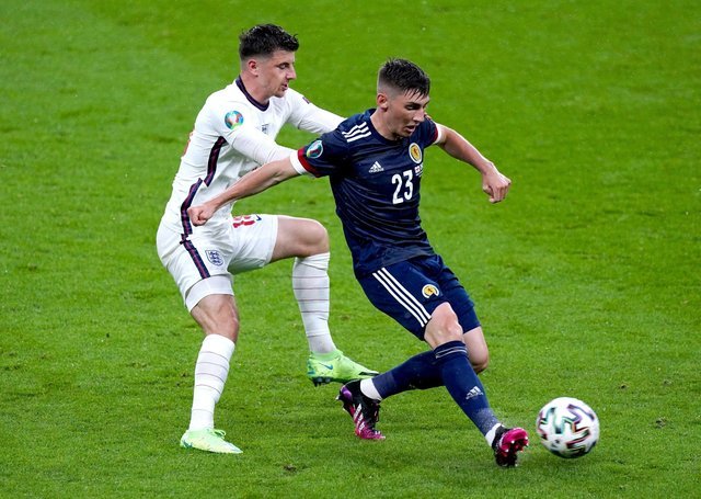 FLASH: England's Mason Mount (left) and Scotland's Billy Gilmour battle for the ball at Wembley last Friday.  Image: Mike Egerton / PA