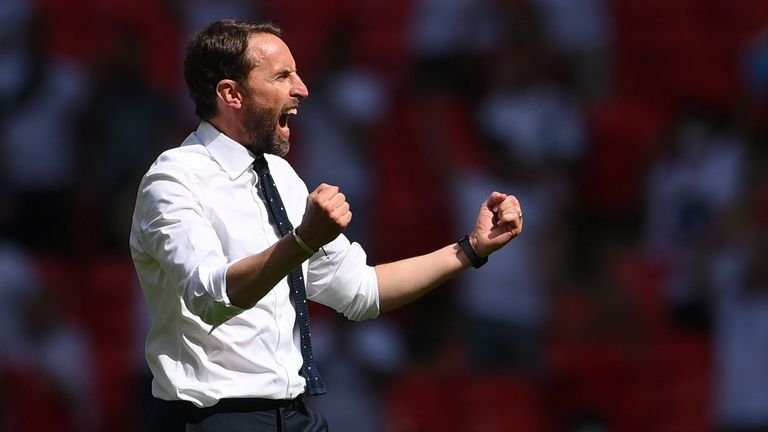 England v Croatia - Wembley Stadium, London, Great Britain - June 13, 2021 England manager Gareth Southgate celebrates after Pool match via REUTERS / Laurence Griffiths