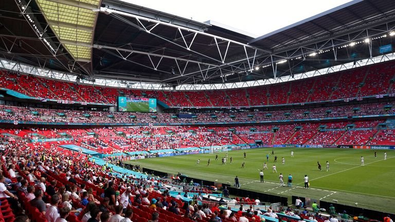 Fans are pictured in the stands at Wembley on Sunday.  Photo: AP