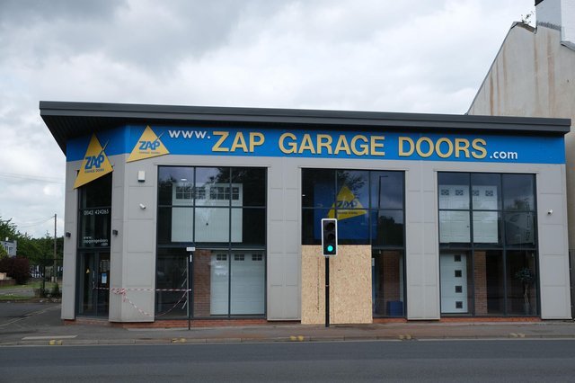 The storefront of Zap Garage Doors in Attercliffe was damaged in the accident.