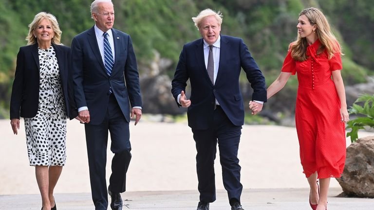 First Lady Jill Biden, US President Joe Biden, Prime Minister Boris Johnson and Carrie Johnson walk past the Carbis Bay Hotel, Cornwall