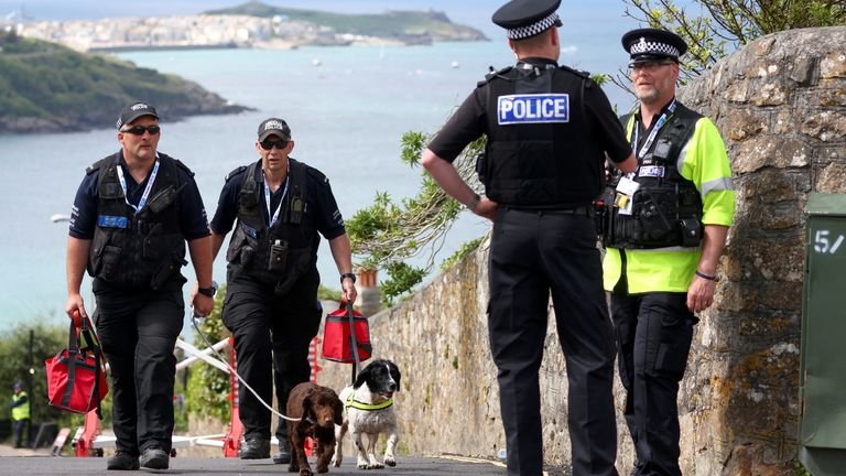 Police officers in front of the Carbis Bay Hotel ahead of the G7 summit in Cornwall