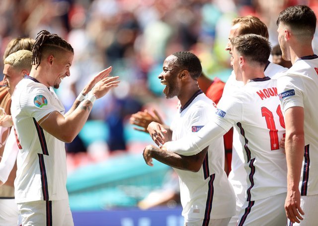 Raheem Sterling of England celebrates with Kalvin Phillips.  (Photo: Carl Recine - Pool / Getty Images)