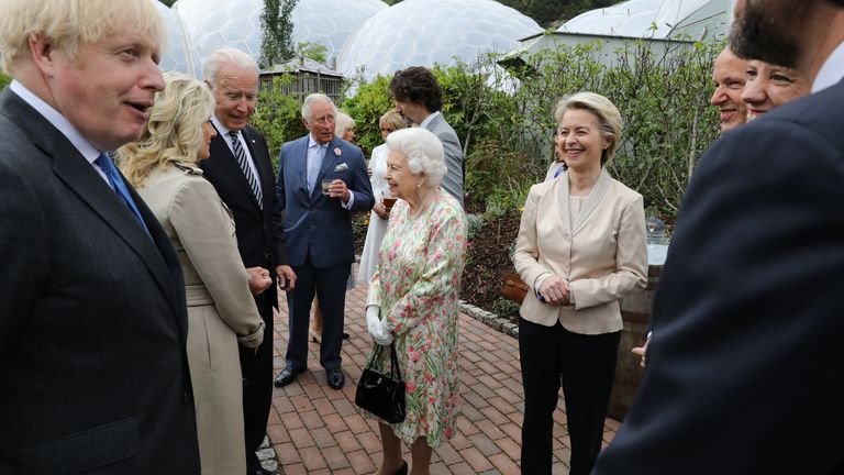 The Queen speaks to Joe and Jill Biden as they attend a reception at Project Eden for G7 leaders including Boris Johnson