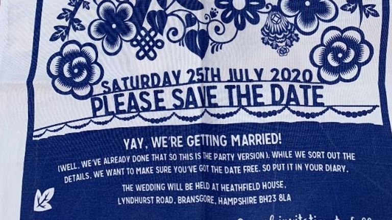 One of the couple's obsolete tea towels saves the date