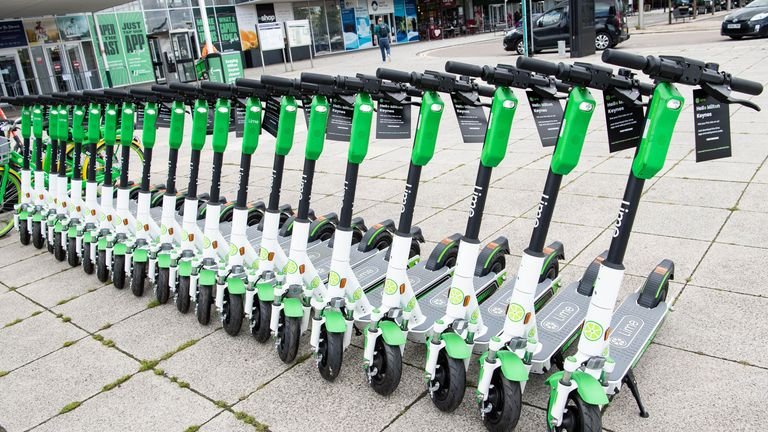 Electric scooters assembled during a test drive in Milton Keynes, Buckinghamshire 