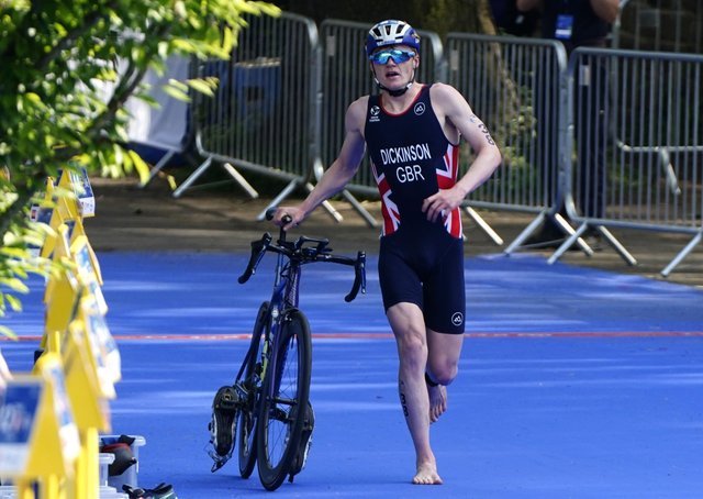 Pedal Power: Sam Dickinson in action during the 2021 AJ Bell World Triathlon Championship Series in Leeds.