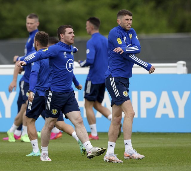 DARLINGTON, ENGLAND - JUNE 11: John Fleck (left) and Ryan Christie during a Scotland training session at Rockliffe Park on June 11, 2021 in Darlington, England.  (Photo by Craig Williamson / SNS Group)