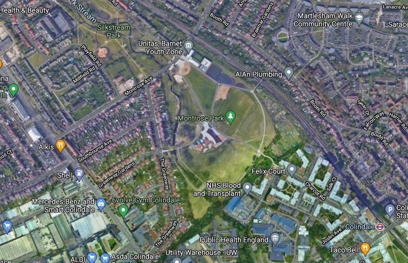 The stabbing occurred in Montrose Park, which is between Burnt Oak and Colindale.  Credit: Google Maps