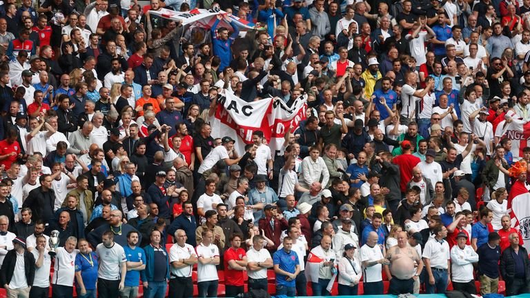 Soccer Football - Euro 2020 - Round of 16 - England v Germany - Wembley Stadium, London, Great Britain - June 29, 2021 English supporters in the stands before the Pool match via REUTERS / Matthew Childs