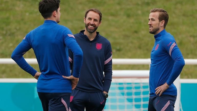 St. George's Park, Burton Upon Trent, Great Britain - July 2, 2021 England manager Gareth Southgate with Harry Maguire and Harry Kane during training