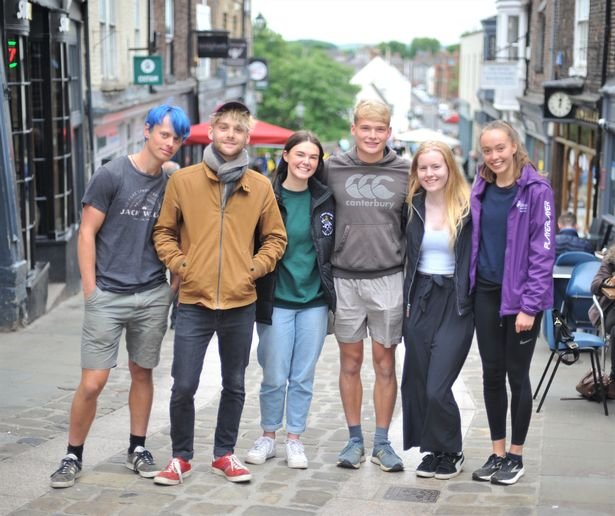 Students Kit Barrow, Will Holmes, Lauren Woodward, Charlie Wilde, Alex Patton and Alice Styles in downtown Durham where Covid cases are on the rise again